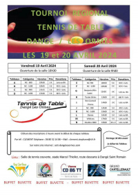 TOURNOI RÉGIONAL DE TENNIS DE TABLE LES 19 ET 20 AVRIL 2024 À DANGÉ ST-ROMAIN