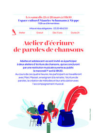 Atelier d'écriture de paroles de chansons -- Printemps des Poètes à Nieppe