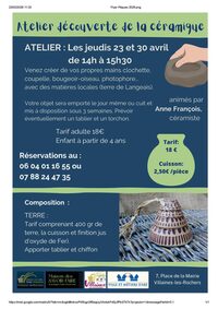 Atelier découverte de la céramique à Villaines-les-Rochers