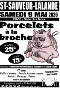 Repas porcelets à la broche à Saint-Sauveur-Lalande