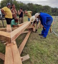 Stage de création d'une charpente bois taillée à la hache encadré par un profess à Tréfumel